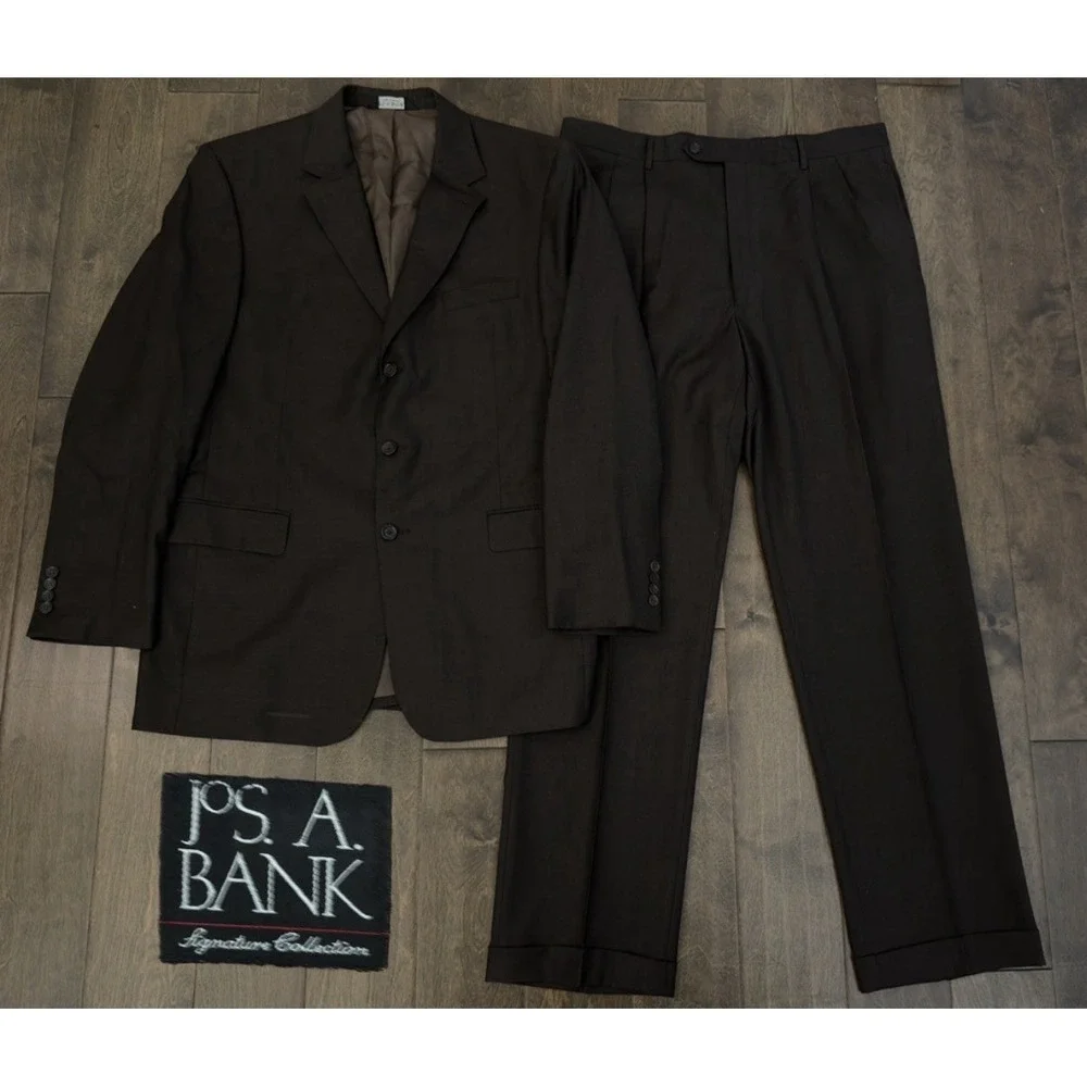 Jos A Bank Mens Brown Size 43L 2PC Suit 100% Wool‎ Jacket/Pleated Pants 38X33